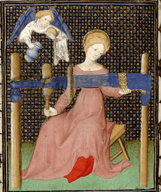 enluminure médiévale présentant la Vierge Marie derrière son métier à tisser aux cartes sur lequel elle est en train de tisser un galon bleu.