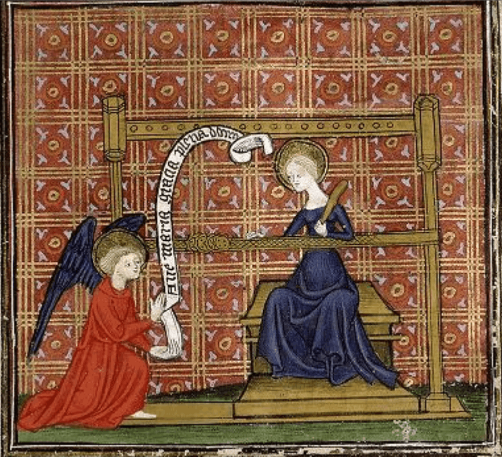 enluminure médiévale présentant la Vierge Marie derrière son métier à tisser aux cartes sur lequel elle est en train de tisser un galon.