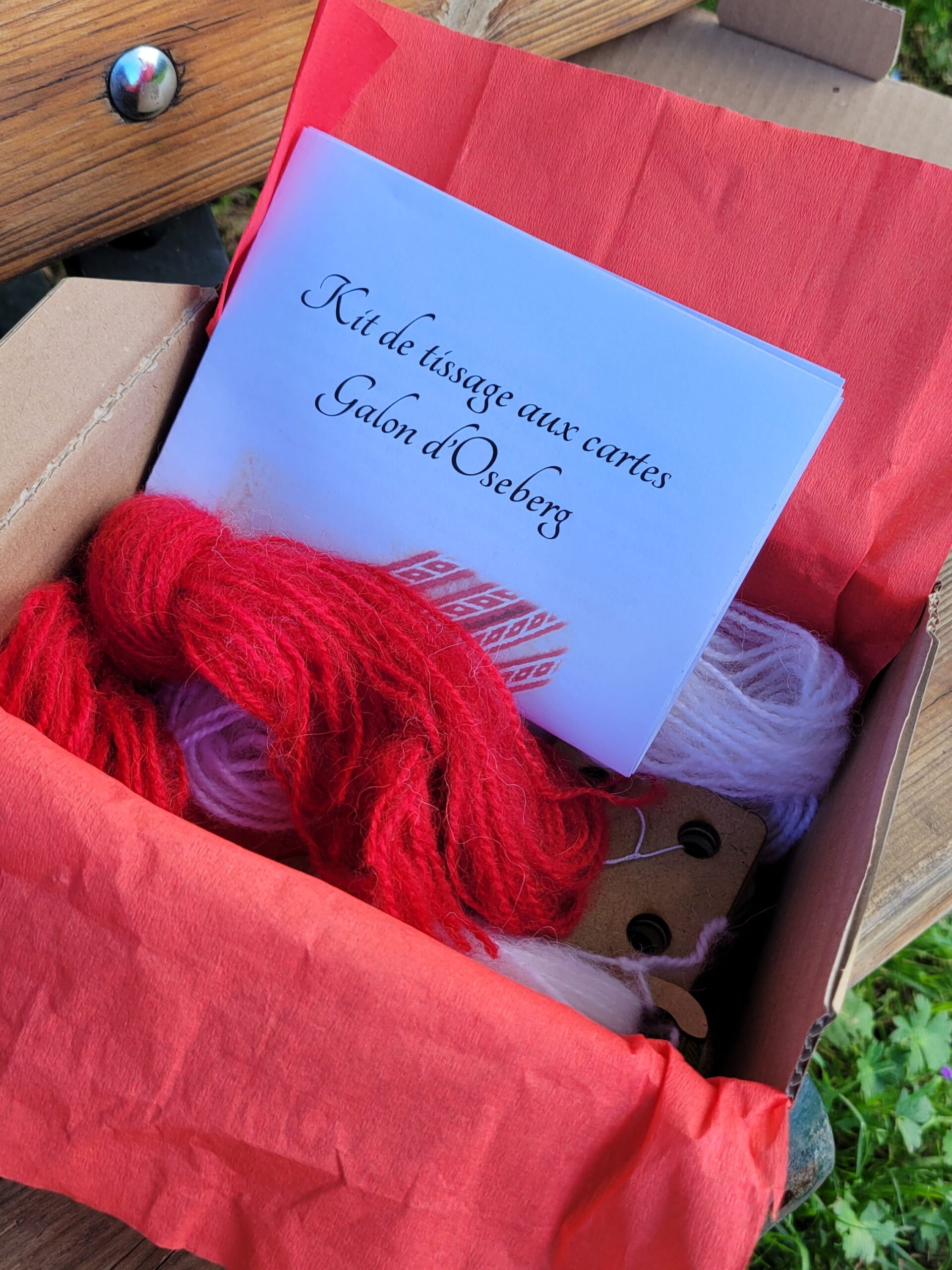 photo du contenu d'un kit pour apprendre le tissage aux cartes avec le galon d'Oseberg