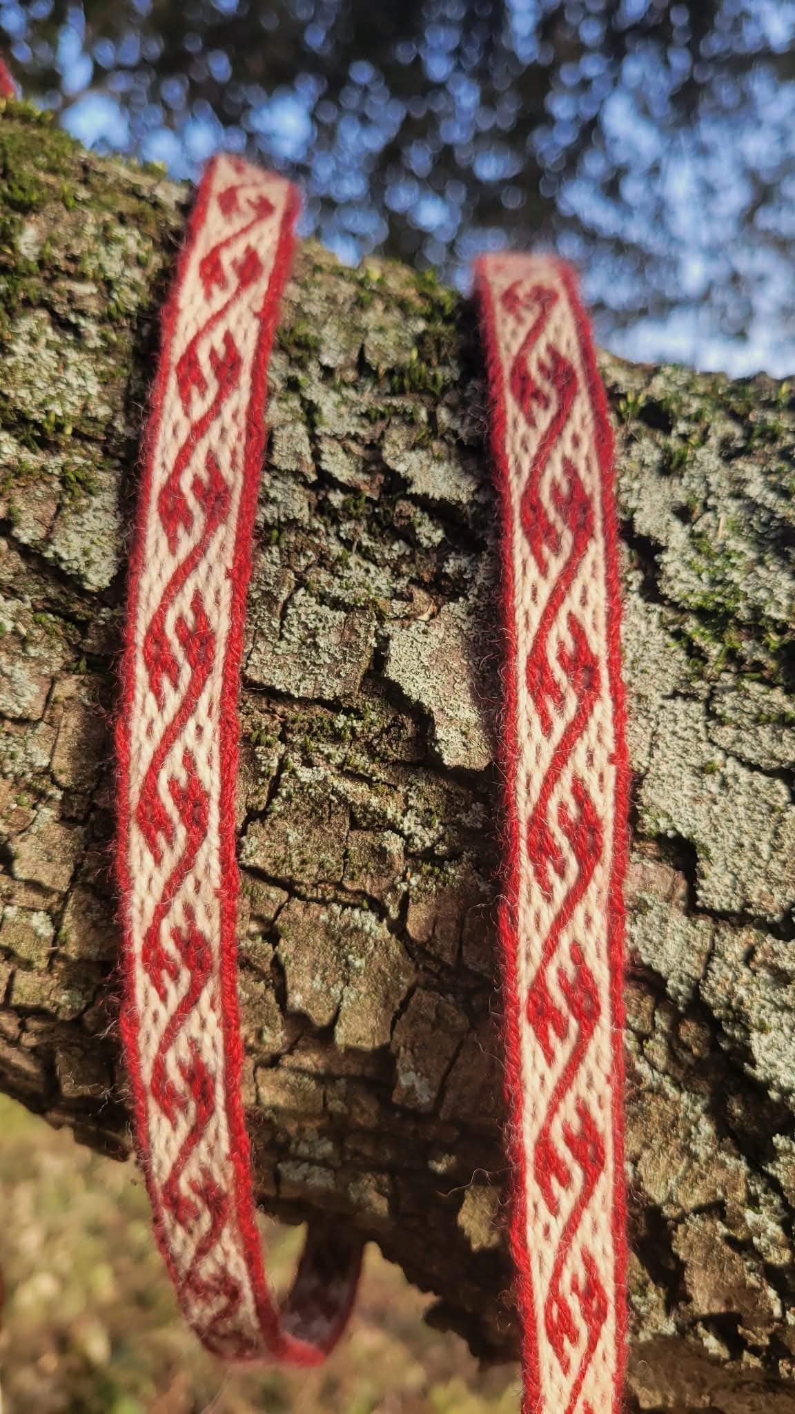 détails de la ceinture médiévale tissée aux cartes avec le motif des dragons de Dublin en rouge