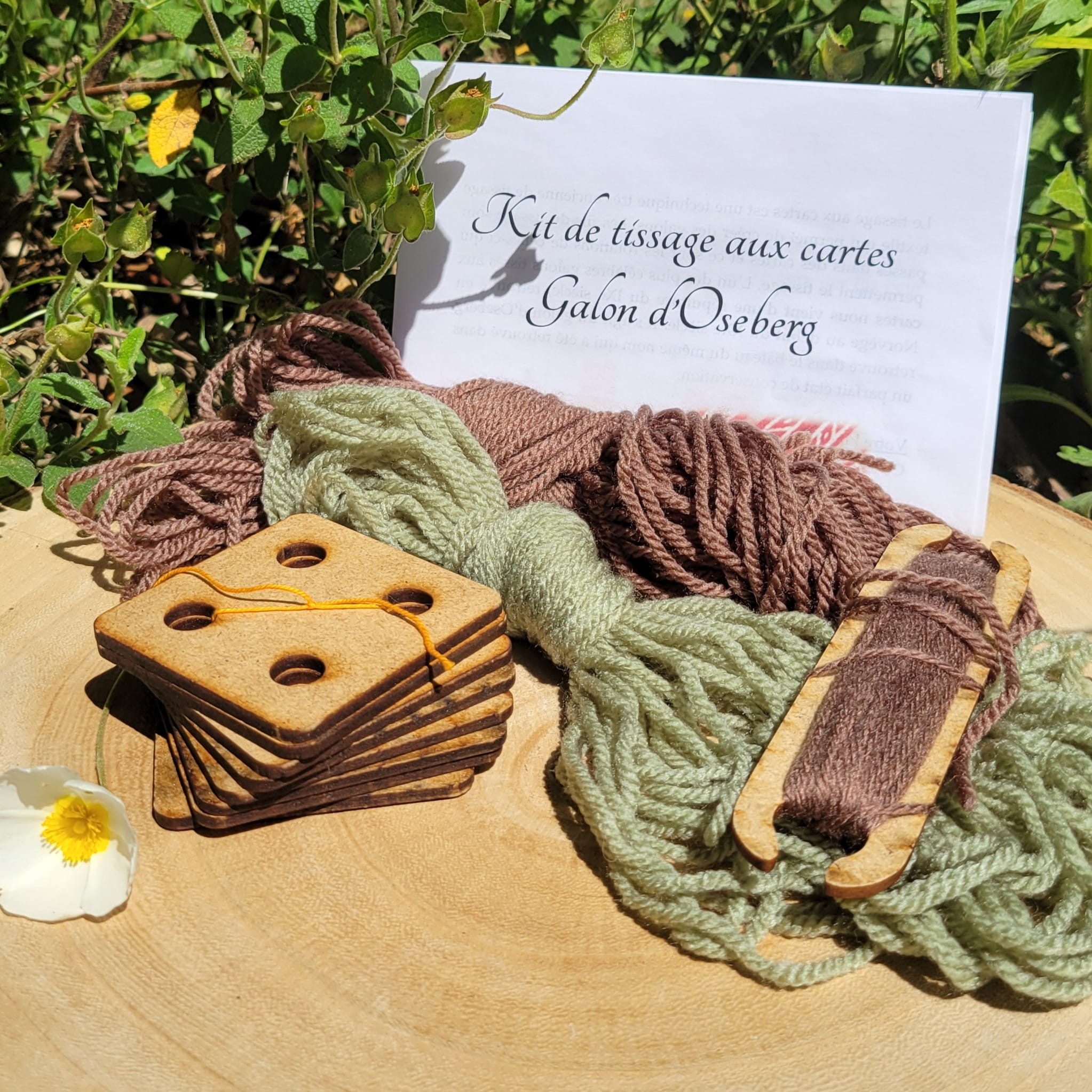 contenu du kit de tissage aux cartes du galon d'Oseberg brun et vert