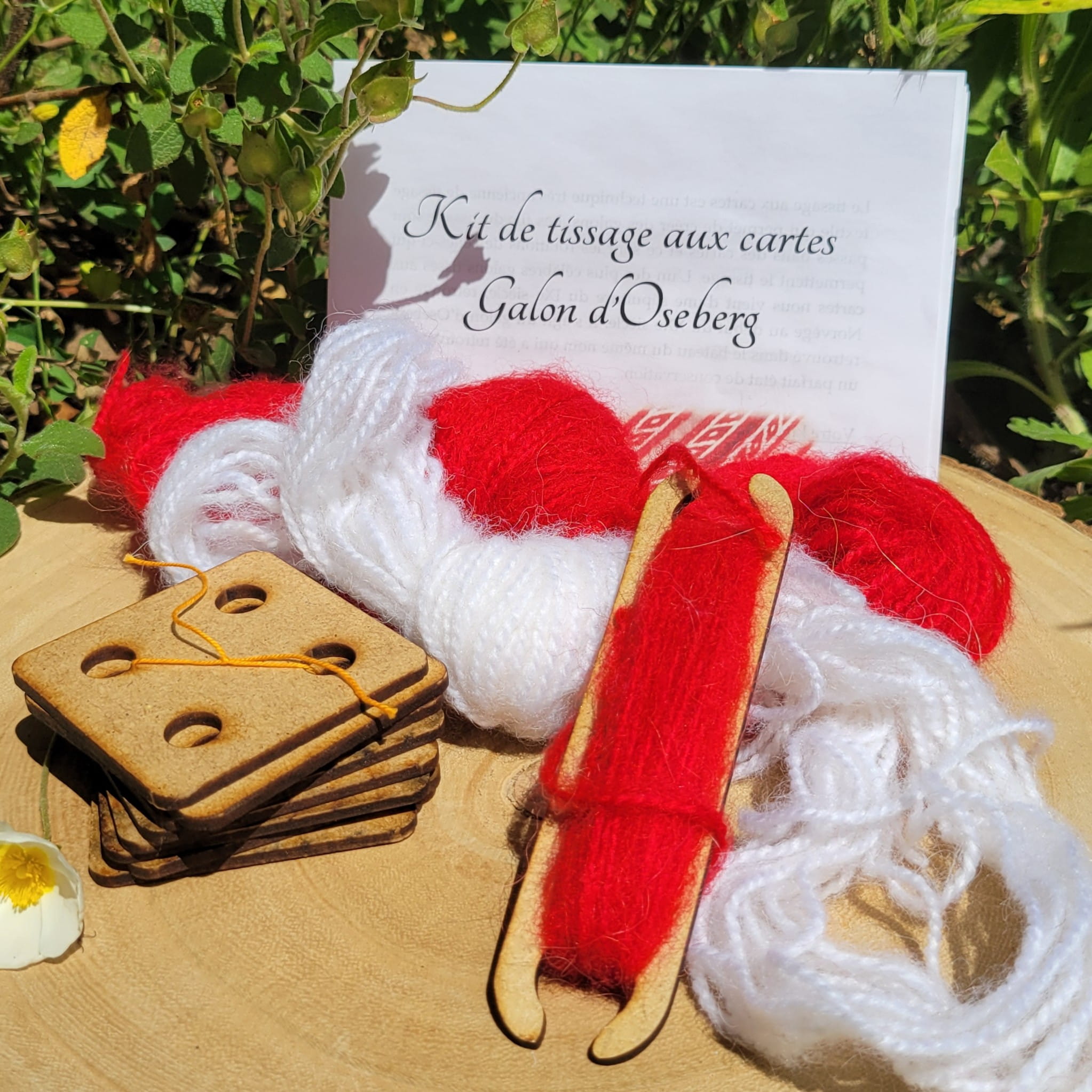 contenu du kit de tissage aux cartes du galon d'Oseberg blanc et rouge