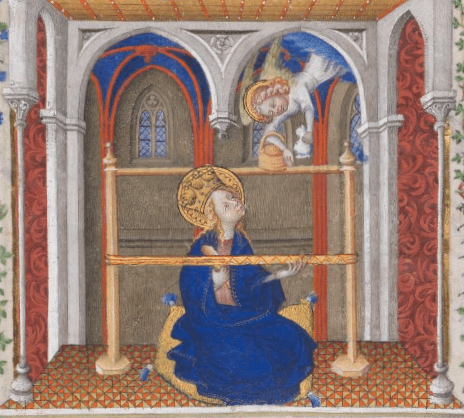 reproduction d'une enluminure médiévale montrant la Vierge Marie en train de tisser aux cartes